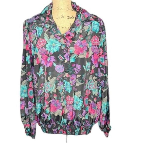 Vintage 80s 90s Black Pink Floral Shirt - Picture 1 of 14